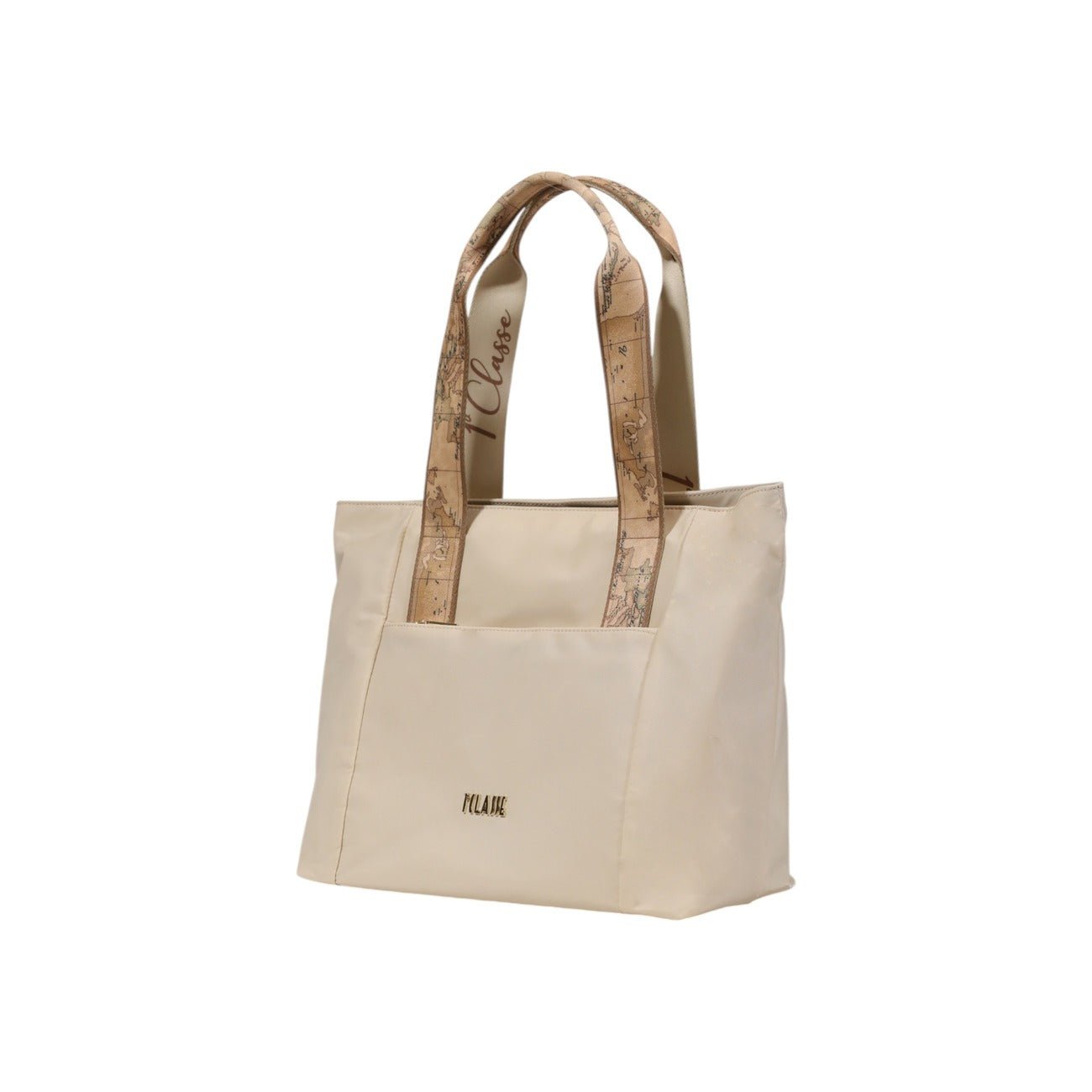 Side view of Alviero Martini Prima Classe beige tote featuring signature Geo-map straps.