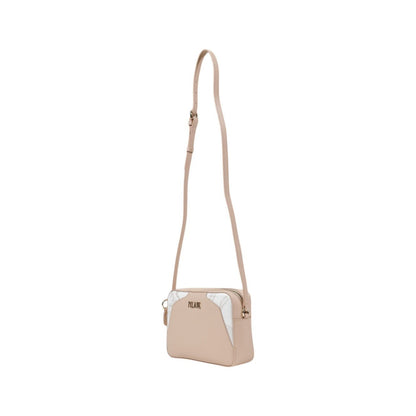 Alviero Martini Prima Classe pink crossbody bag with white Geo map details, side view.