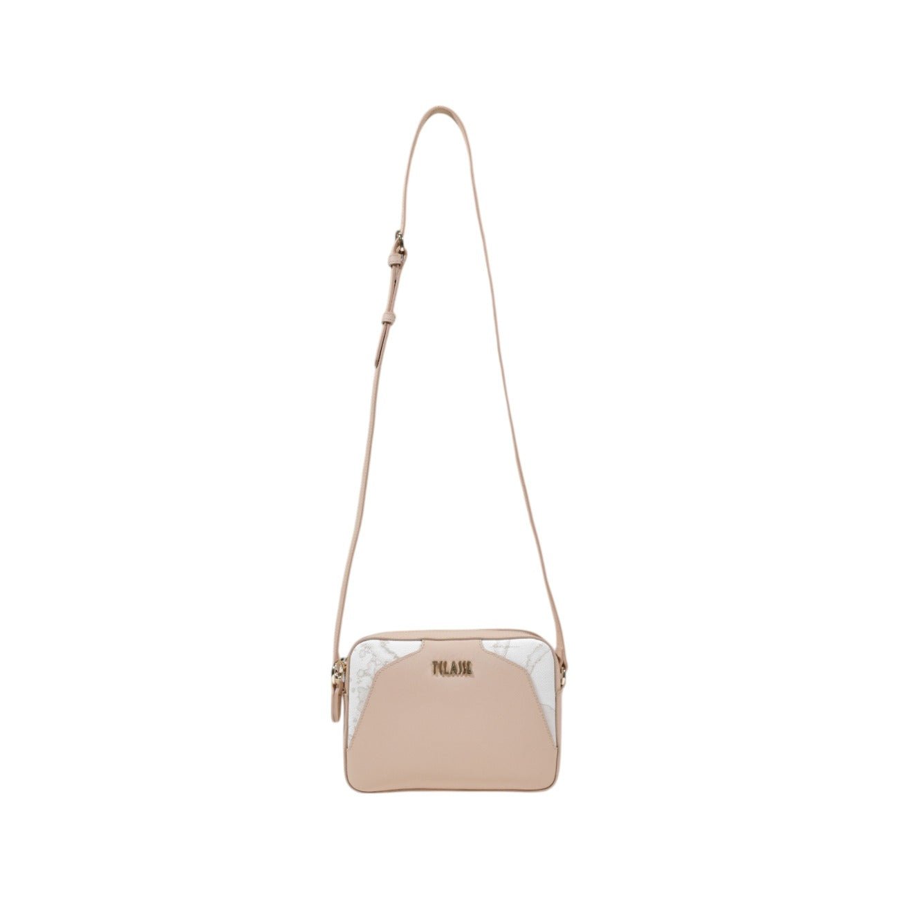 Alviero Martini Prima Classe pink crossbody bag with white Geo map details, front view.