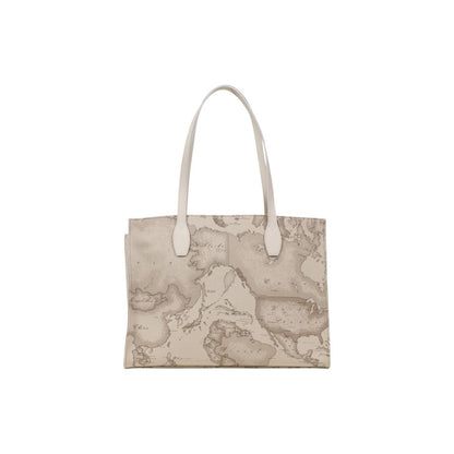 Alviero Martini Prima Classe beige tote bag with geo map print and dual top handles, back view.