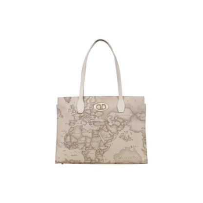 Alviero Martini Prima Classe beige tote bag with geo map print and dual top handles, front view.