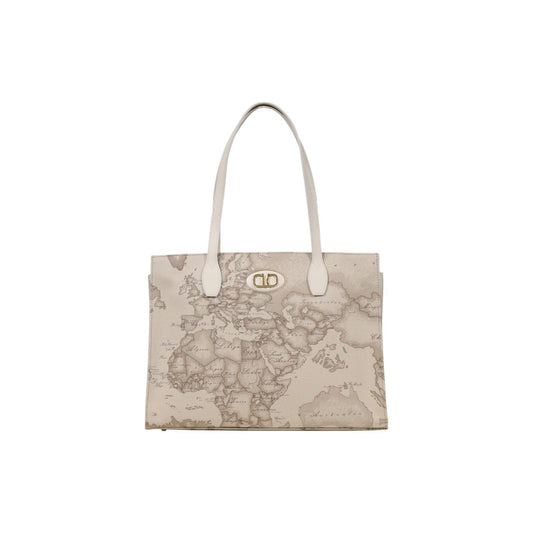 Alviero Martini Prima Classe beige tote bag with geo map print and dual top handles, front view.