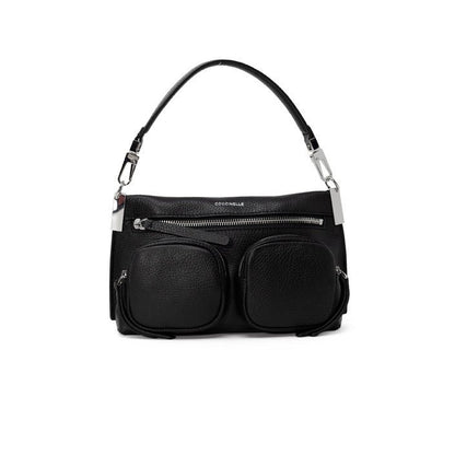 Coccinelle Solid Black Handbag – 100% Leather, Multi - Pocket Design - MADnITALY
