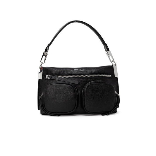 Coccinelle Solid Black Handbag – 100% Leather, Multi - Pocket Design - MADnITALY
