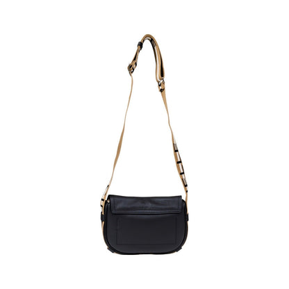 Back view of Coccinelle black leather crossbody with wide beige logo shoulder strap.