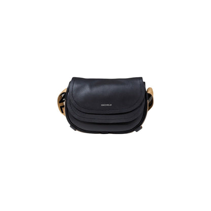 Coccinelle black leather crossbody bag with wide beige logo strap, front view.