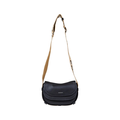 Women’s black crossbody by Coccinelle featuring curved flap, snap closure, and adjustable strap.