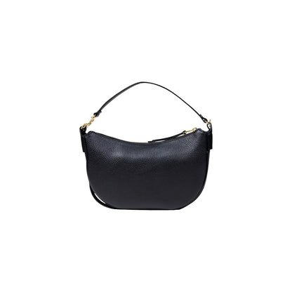 Back view of black Coccinelle leather handbag with top handle and adjustable shoulder strap