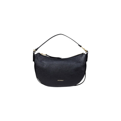 Front view of Coccinelle black handbag in leather, suitable for hand or shoulder carry.
