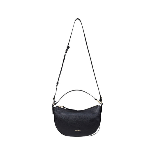 Elegant Coccinelle black handbag in leather, suitable for hand or shoulder carry.