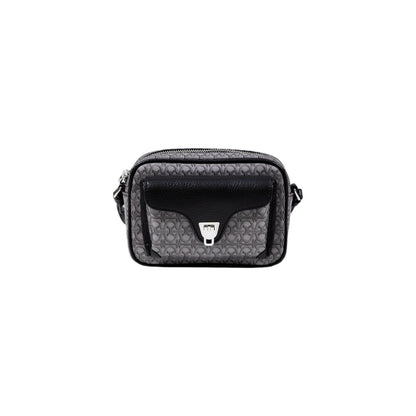 Coccinelle crossbody bag in grey leather with external pockets, front view.