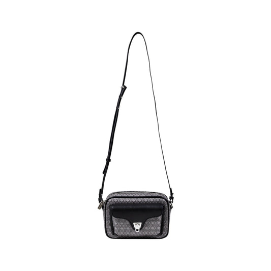 Coccinelle crossbody bag in grey leather with internal and external pockets, front view.