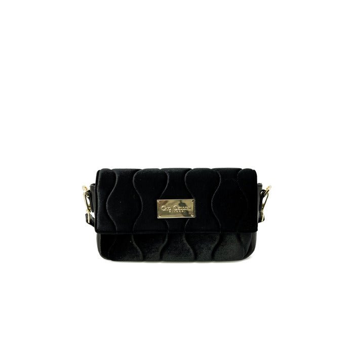 Gio Cellini black handbag with eco-leather and clip closure, front view.
