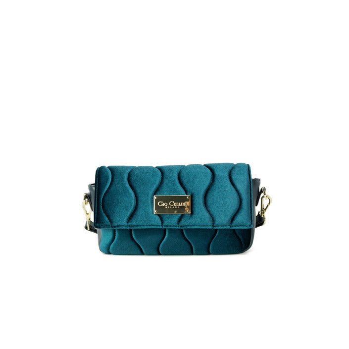 Gio Cellini turquoise handbag with eco-leather and clip closure, front view.