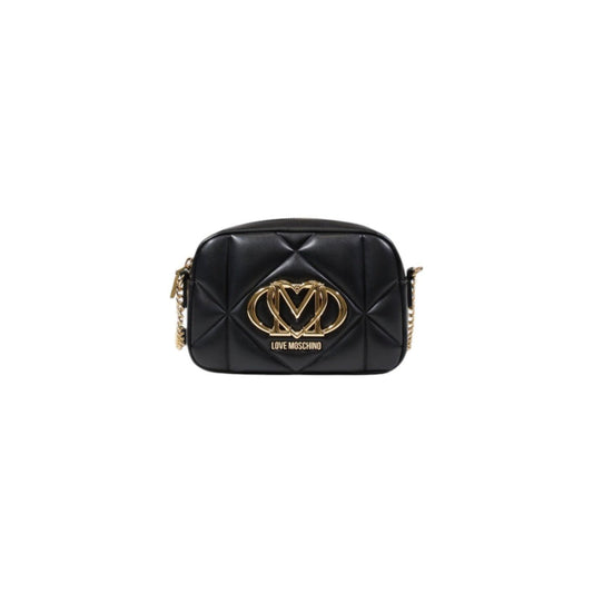 Love Moschino black quilted handbag with gold logo detail and zipper closure.  