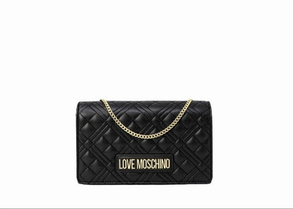 Front view of Love Moschino Mini Quilted Shoulder Bag, color black, gold logo and chain.