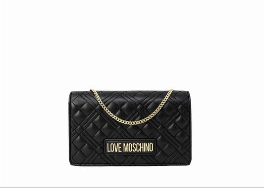 Front view of Love Moschino Mini Quilted Shoulder Bag, color black, gold logo and chain.