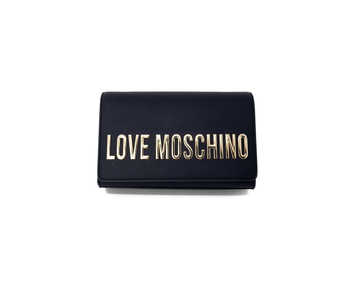 Love Moschino black shoulder bag in faux leather with gold chain, clip closure, and bold logo detail. 