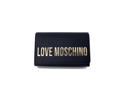 Love Moschino black shoulder bag in faux leather with gold chain, clip closure, and bold logo detail. 
