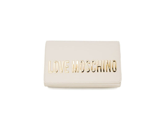 Love Moschino beige shoulder bag in faux leather with gold chain, clip closure, and bold logo detail.