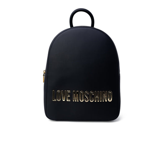 Love Moschino women's backpack in black eco-leather with gold logo, zipper closure, and modern design. 