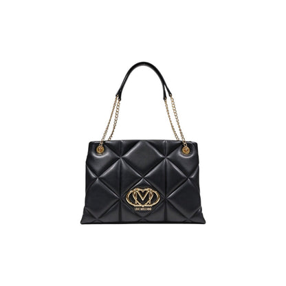 Chic quilted handbag by Love Moschino with gold logo and chain strap. Available in black or beige.