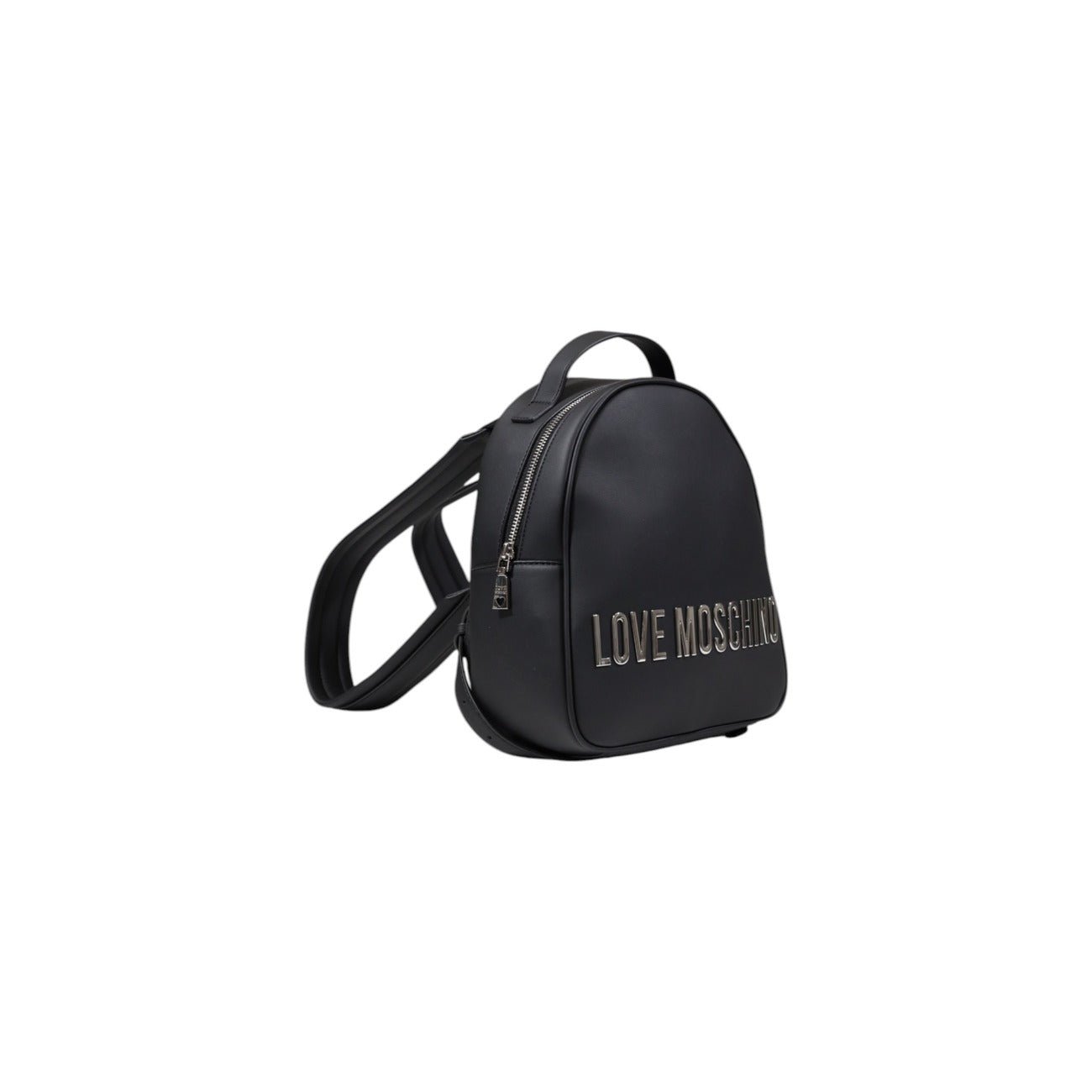 Modern and versatile Love Moschino backpack in black with a bold metallic logo. Choose between silver or gold detail. 