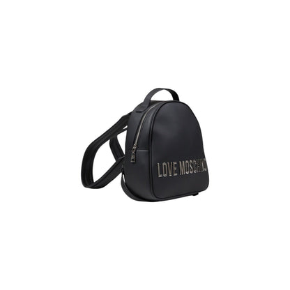 Modern and versatile Love Moschino backpack in black with a bold metallic logo. Choose between silver or gold detail. 