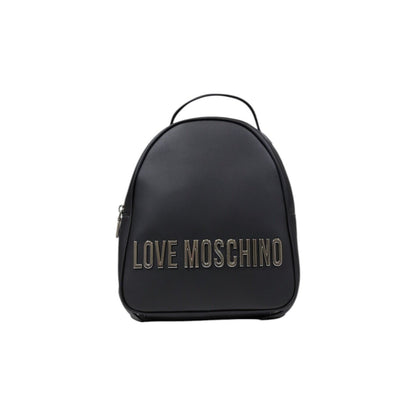 Modern and versatile Love Moschino backpack in black with a bold metallic logo. Choose between silver or gold detail. 