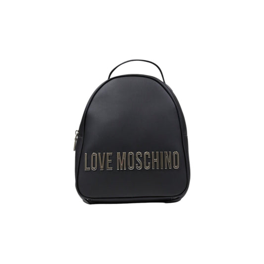 Modern and versatile Love Moschino backpack in black with a bold metallic logo. Choose between silver or gold detail. 