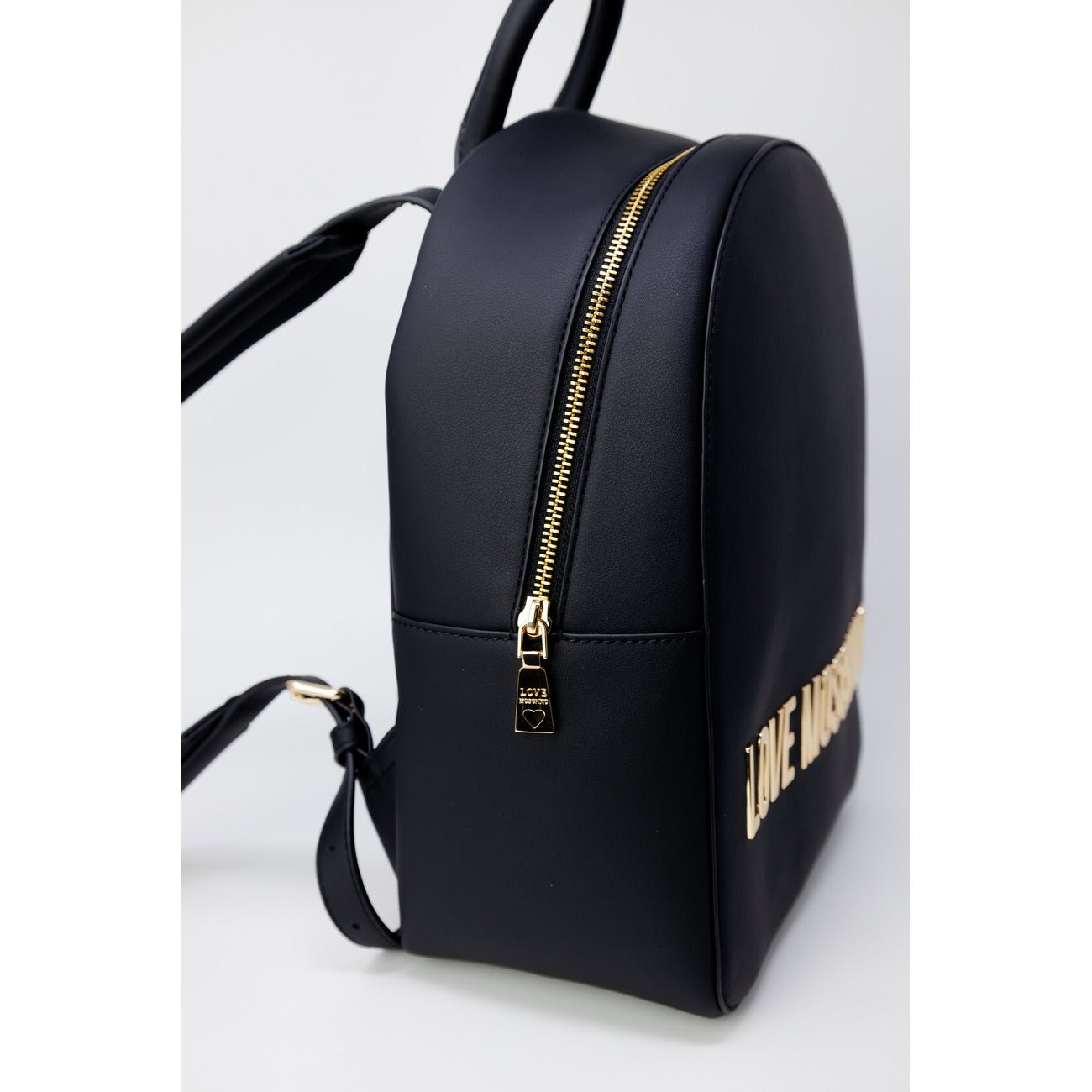 Love Moschino women's backpack in black eco-leather with gold logo, zipper closure, and modern design.