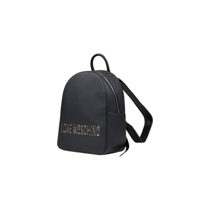 leek Love Moschino backpack with metal logo and zipper closure, available in black or beige.