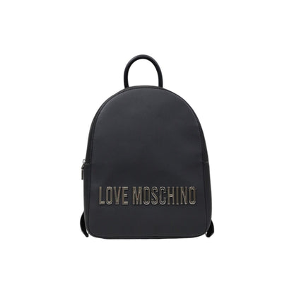 leek Love Moschino backpack with metal logo and zipper closure, available in black or beige. 