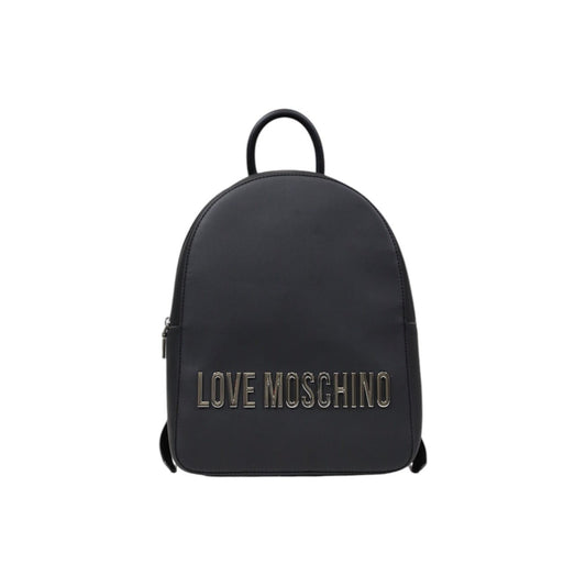 leek Love Moschino backpack with metal logo and zipper closure, available in black or beige. 