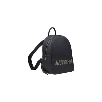 leek Love Moschino backpack with metal logo and zipper closure, available in black or beige.