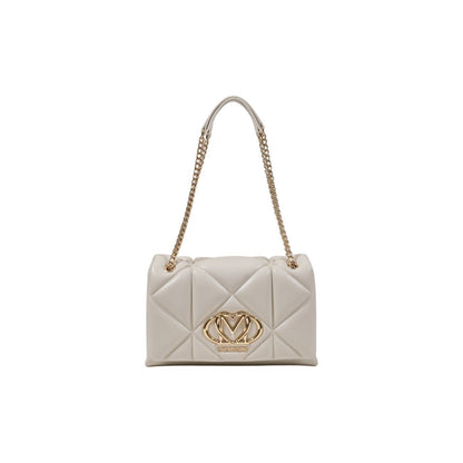 Elegant beige quilted shoulder bag by Love Moschino with gold logo and chain strap. 