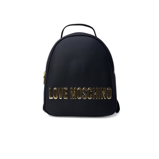 Front view of Love Moschino black backpack with gold logo and zipper closure.