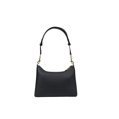 Back view of Love Moschino black crossbody bag with gold logo and adjustable strap.