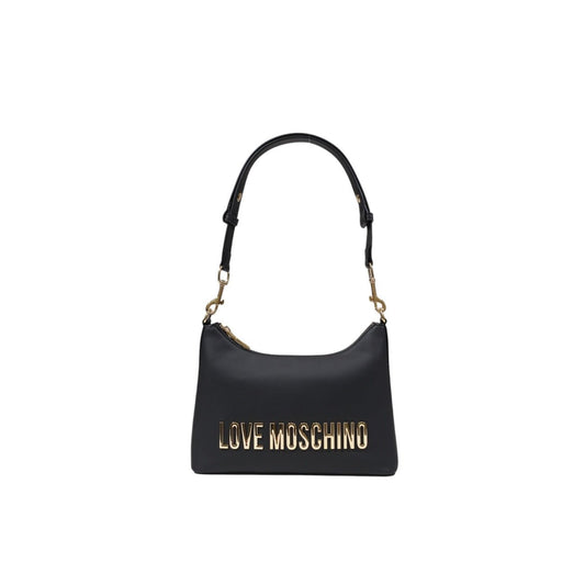Front view of Love Moschino black crossbody bag with gold logo and adjustable strap.