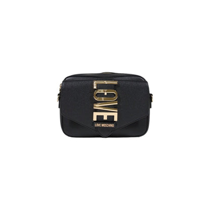 Front view of White Love Moschino crossbody bag with adjustable strap and gold "LOVE" lettering.