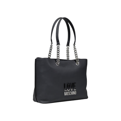 Side view of black handbag by Love Moschino with chain straps and zip closure.