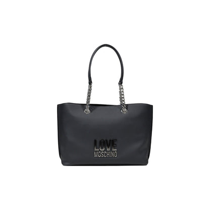 Love Moschino black handbag with silver-tone chain handles and bold logo on front.