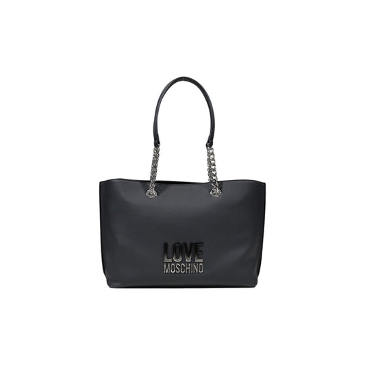 Love Moschino black handbag with silver-tone chain handles and bold logo on front.