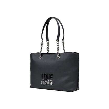 Another side view of black handbag by Love Moschino with chain straps and zip closure.