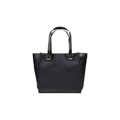 Love Moschino black handbag with gold LOVE logo and dual handles, back view.