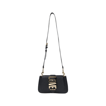 Black Love Moschino handbag with gold LOVE logo and shoulder strap.