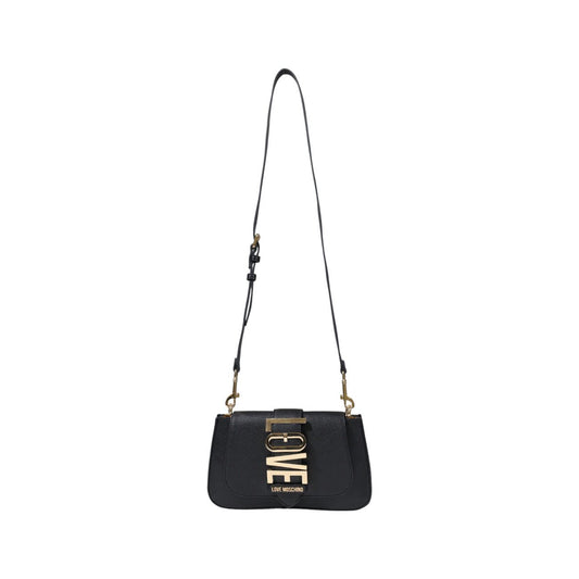 Black Love Moschino handbag with gold LOVE logo and shoulder strap.