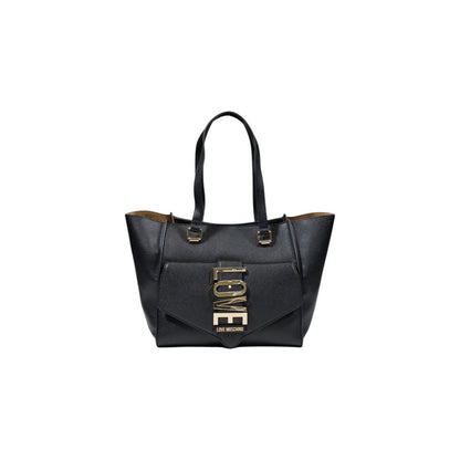 Love Moschino black handbag with gold LOVE logo and dual handles, front view.