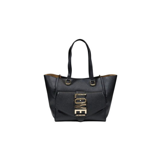Love Moschino black handbag with gold LOVE logo and dual handles, front view.