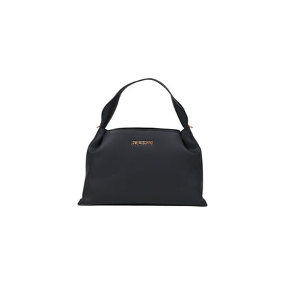 Photo of Love Moschino black handbag with detachable wide logo shoulder strap, gold logo detail, and top handle.